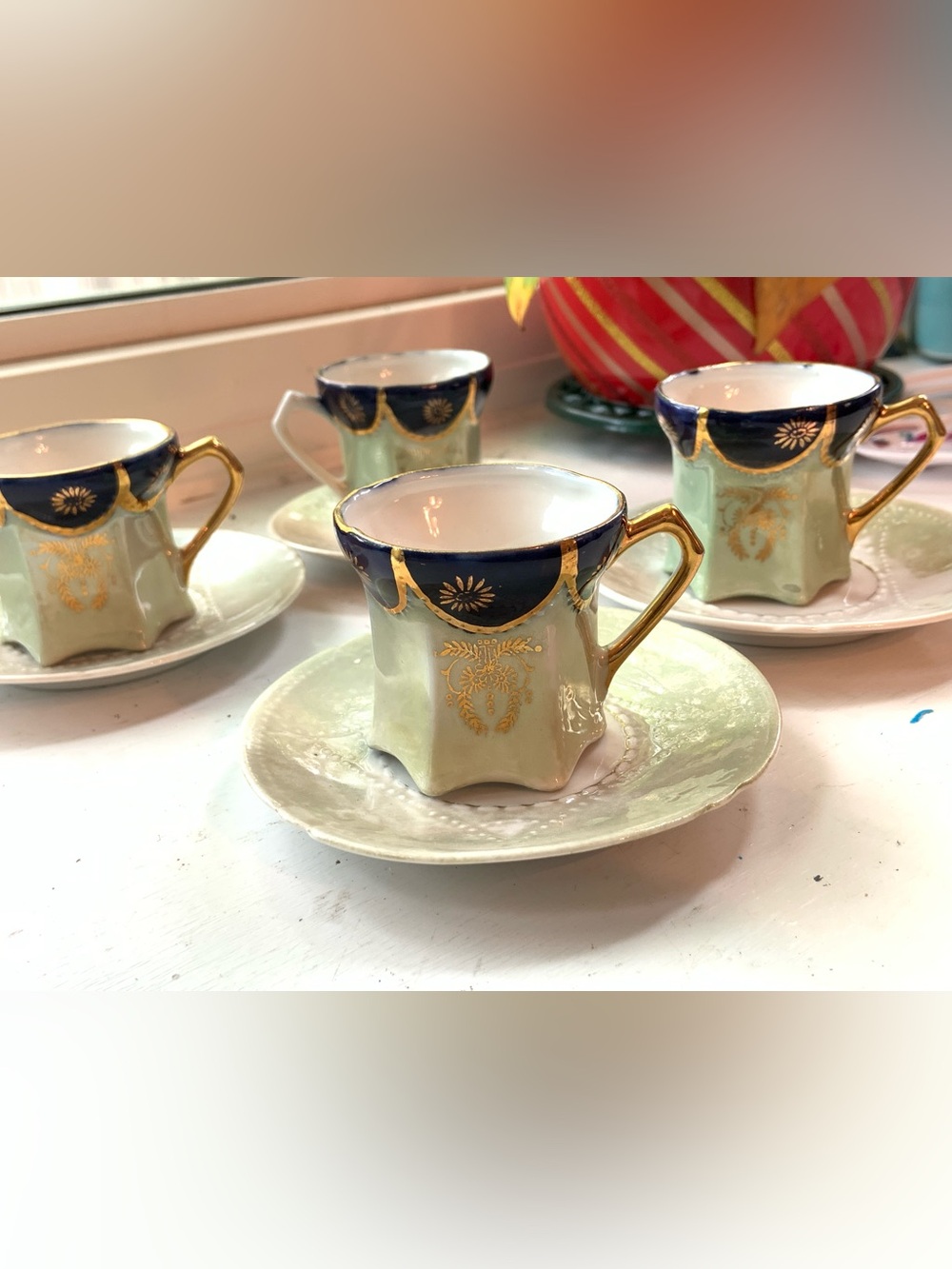 Antique Victorian Cobalt Blue and Gold Grit Demitasse Cup and Saucer Set